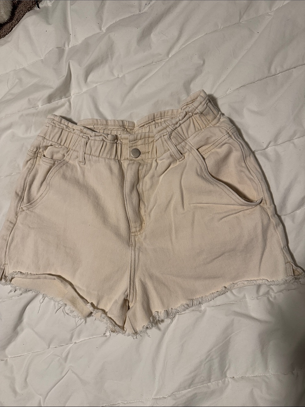 High-Rise Cream Denim Jean Shorts with Frayed Hem
